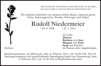 Todesanzeige von Rudolf Niedermeier von MERKUR & TZ
