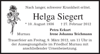 Todesanzeige von Helga Siegert von MERKUR & TZ