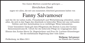 Todesanzeige von Fanny Salvamoser von MERKUR & TZ