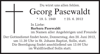 Todesanzeige von Georg Pasewaldt von MERKUR & TZ