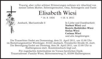 Todesanzeige von Elisabeth Wiesi von MERKUR & TZ