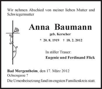 Todesanzeige von Anna Baumann von MERKUR & TZ