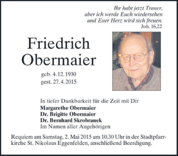 Todesanzeige von Friedrich Obermaier von merkurtz