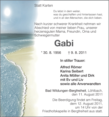 Todesanzeige von Gabi Unbekannt von MERKUR & TZ