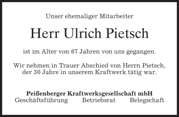Todesanzeige von Ulrich Pietsch von MERKUR & TZ