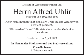Todesanzeige von Alfred Uhlir von MERKUR & TZ