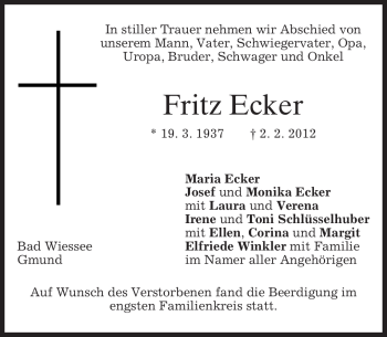 Todesanzeige von Fritz Ecker von MERKUR & TZ