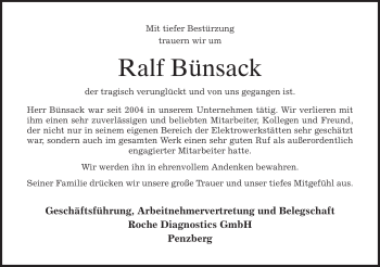 Todesanzeige von Ralf Bünsack von MERKUR & TZ