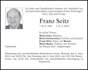 Todesanzeige von Franz Seitz von MERKUR & TZ