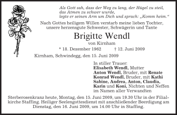 Todesanzeige von Brigitte Wendl von MERKUR & TZ