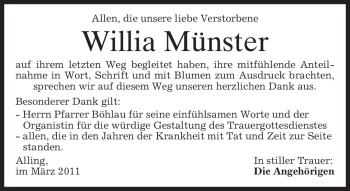 Todesanzeige von Willia Münster von MERKUR & TZ