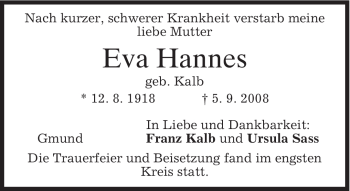 Todesanzeige von Eva Hannes von MERKUR & TZ
