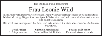 Todesanzeige von Leonie Wild von MERKUR & TZ