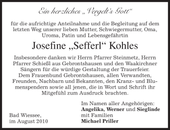 Todesanzeige von Josefine Sefferl Kohles von MERKUR & TZ