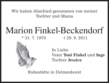 Todesanzeige von Marion Finkel-Beckendorf von MERKUR & TZ