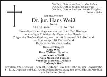 Todesanzeige von Hans Weiß von MERKUR & TZ