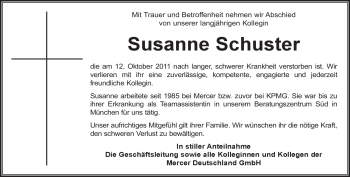 Todesanzeige von Susanne Schuster von MERKUR & TZ