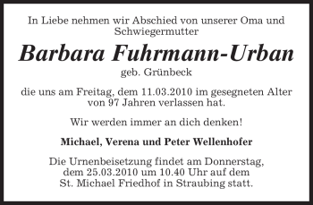 Todesanzeige von Barbara Fuhrmann-Urban von MERKUR & TZ