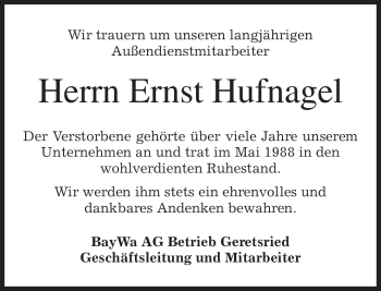 Todesanzeige von Ernst Hufnagel von MERKUR & TZ