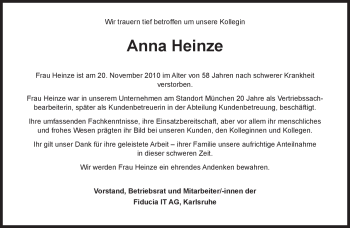Todesanzeige von Anna Heinze von MERKUR & TZ
