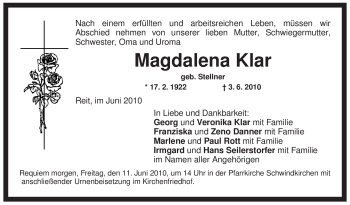 Todesanzeige von Magdalena Klar von MERKUR & TZ