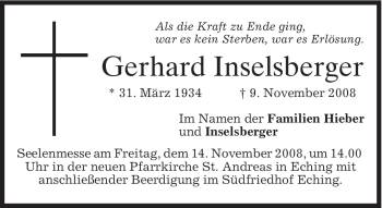 Todesanzeige von Gerhard Inselsberger von MERKUR & TZ