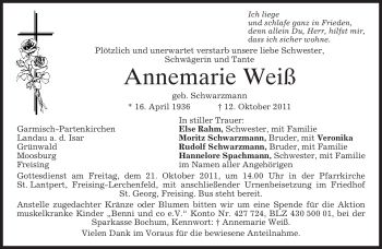 Todesanzeige von Annemarie Weiß von MERKUR & TZ