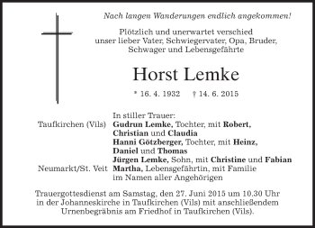 Todesanzeige von Horst Lemke von merkurtz