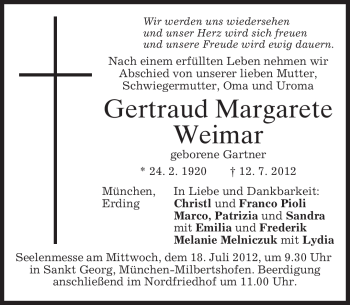 Todesanzeige von Gertraud Margarete Weimar von MERKUR & TZ