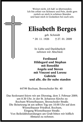 Todesanzeige von Elisabeth Berges von MERKUR & TZ