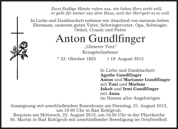 Todesanzeige von Anton Gundlfinger von MERKUR & TZ
