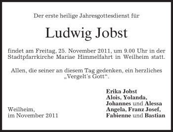 Todesanzeige von Ludwig Jobst von MERKUR & TZ
