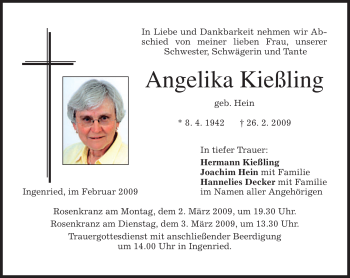 Todesanzeige von Angelika Kießling von MERKUR & TZ