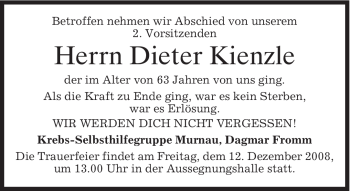 Todesanzeige von Dieter Kienzle von MERKUR & TZ