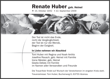 Todesanzeige von Renate Huber von MERKUR & TZ