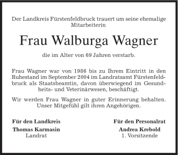 Todesanzeige von Walburga Wagner von MERKUR & TZ