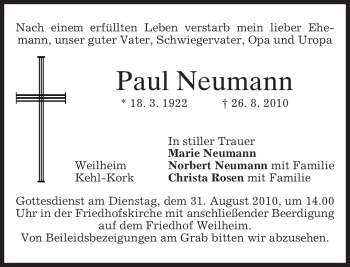 Todesanzeige von Paul Neumann von MERKUR & TZ
