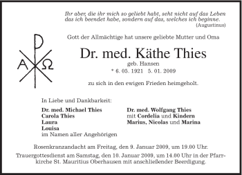 Todesanzeige von Käthe Thies von MERKUR & TZ