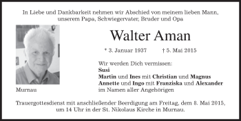 Todesanzeige von Walter Aman von merkurtz