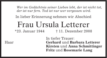 Todesanzeige von Ursula Letterer von MERKUR & TZ