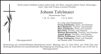 Todesanzeige von Johann Tafelmaier von MERKUR & TZ