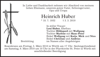 Todesanzeige von Heinrich Huber von MERKUR & TZ