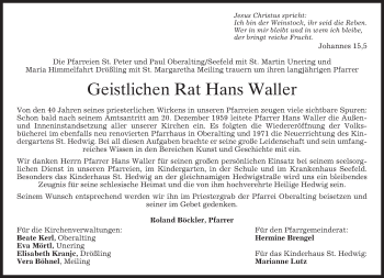 Todesanzeige von Hans Waller von merkurtz