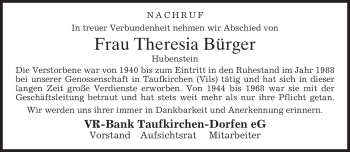 Todesanzeige von Theresia Bürger von MERKUR & TZ