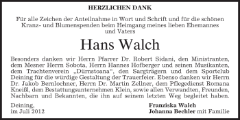 Todesanzeige von Hans Walch von MERKUR & TZ