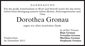 Todesanzeige von Dorothea Gronau von MERKUR & TZ