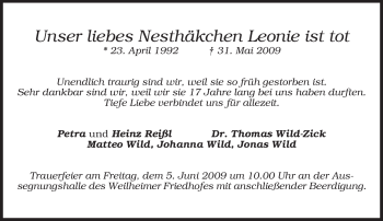Todesanzeige von Leonie Wild von MERKUR & TZ