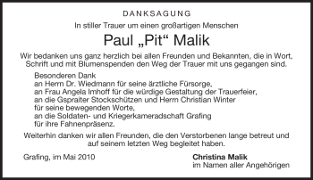 Todesanzeige von Paul Malik von MERKUR & TZ