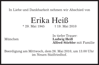 Todesanzeige von Erika Heiß von MERKUR & TZ