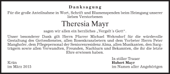 Todesanzeige von Theresia Mayr von merkurtz